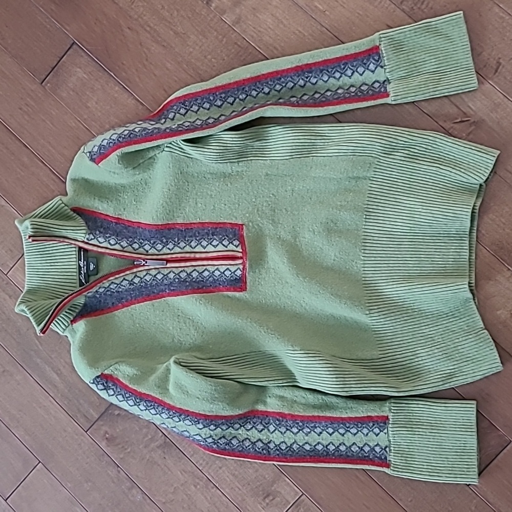 Eddie Bauer Green w/Red & Gray Nordic Knitted Pattern on Sleeves & Front Zip Med - Picture 3 of 6